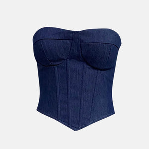 Y2K Denim Strapless Corset with lace trim, Y2K corset styled with low rise bottoms