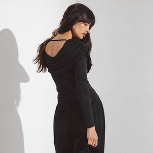 Y2K Draped Cowl Neck Top with fitted cut, Y2K long sleeve top styled with low rise bottoms