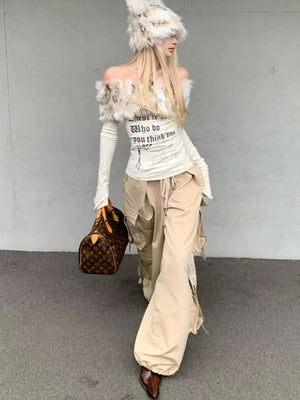 Top Épaules Dénudées Y2K Grunge à Col en Fausse Fourrure