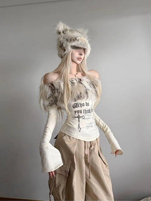 Top Épaules Dénudées Y2K Grunge à Col en Fausse Fourrure