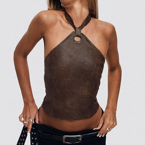 Y2K Faux Leather Halter Top with lace trim, Y2K halter top styled with low rise bottoms