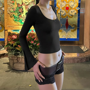 Y2K Fitted Flare Sleeve Top with ribbed knit, Y2K long sleeve top styled with low rise bottoms
