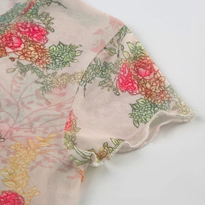 Y2K Floral Mesh Baby Tee with sheer mesh, Y2K baby tee styled with low rise bottoms
