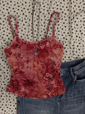 Y2K Floral Sheer Cami Crop Top with cropped cut, Y2K tank top styled with low rise bottoms