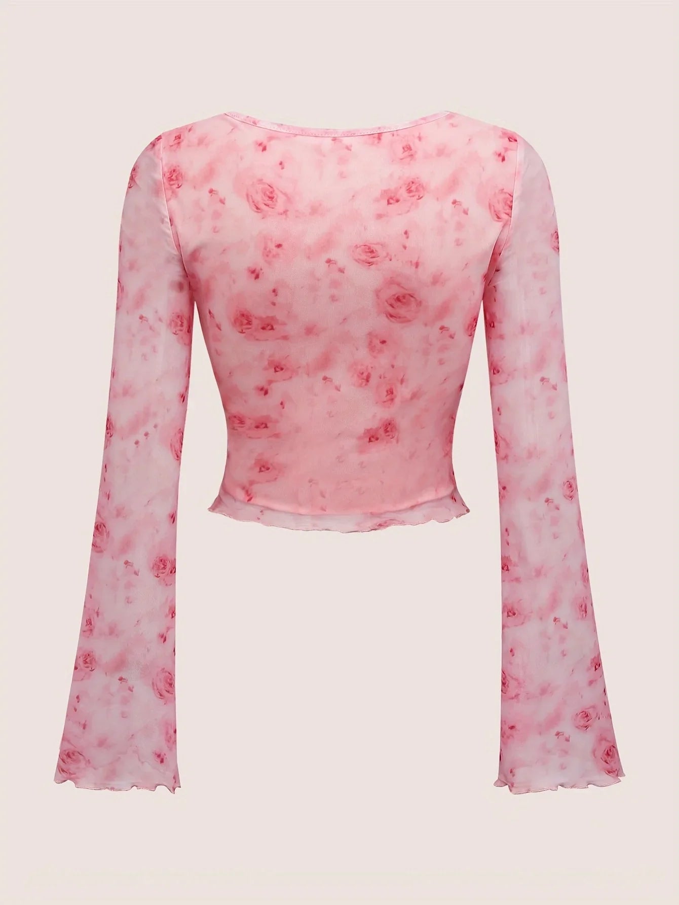 Y2K Floral Tie Front Bow Top with sheer mesh, Y2K long sleeve top styled with low rise bottoms