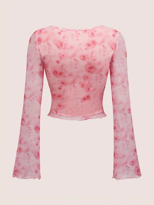 Y2K Floral Tie Front Bow Top with sheer mesh, Y2K long sleeve top styled with low rise bottoms