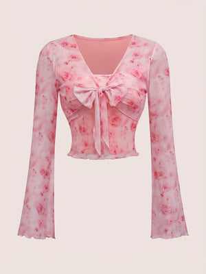 Y2K Floral Tie Front Bow Top with sheer mesh, Y2K long sleeve top styled with low rise bottoms