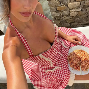 Y2K Gingham Halter Mini Dress view 2 | MAUVSTUDIO®