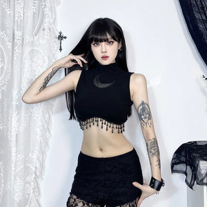 Y2K Goth Beaded Crop Top, Y2K tube top styled with low rise bottoms