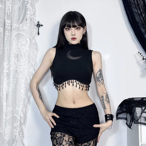 Y2K Goth Beaded Crop Top, Y2K tube top styled with low rise bottoms
