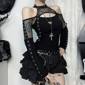 Y2K Goth Fishnet Cut Out Top with ribbed knit, Y2K halter top styled with low rise bottoms