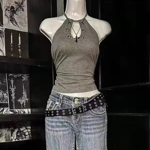 Y2K Goth Grommet Halter Top with lace trim, Y2K halter top styled with low rise bottoms