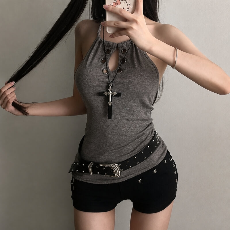Y2K Goth Grommet Halter Top with lace trim, Y2K halter top styled with low rise bottoms