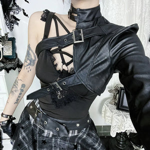 Y2K Goth Harness One Sleeve Top, Y2K long sleeve top styled with low rise bottoms