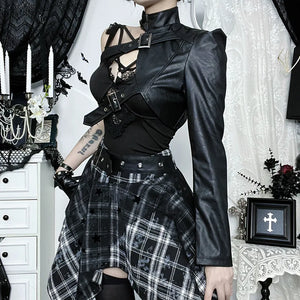 Y2K Goth Harness One Sleeve Top, Y2K long sleeve top styled with low rise bottoms