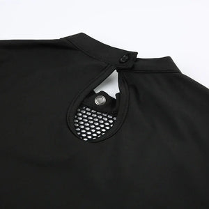 Y2K Goth High Neck Fishnet Top with sheer mesh, Y2K long sleeve top styled with low rise bottoms