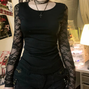 Y2K Goth Lace Back Top with lace trim, Y2K long sleeve top styled with low rise bottoms