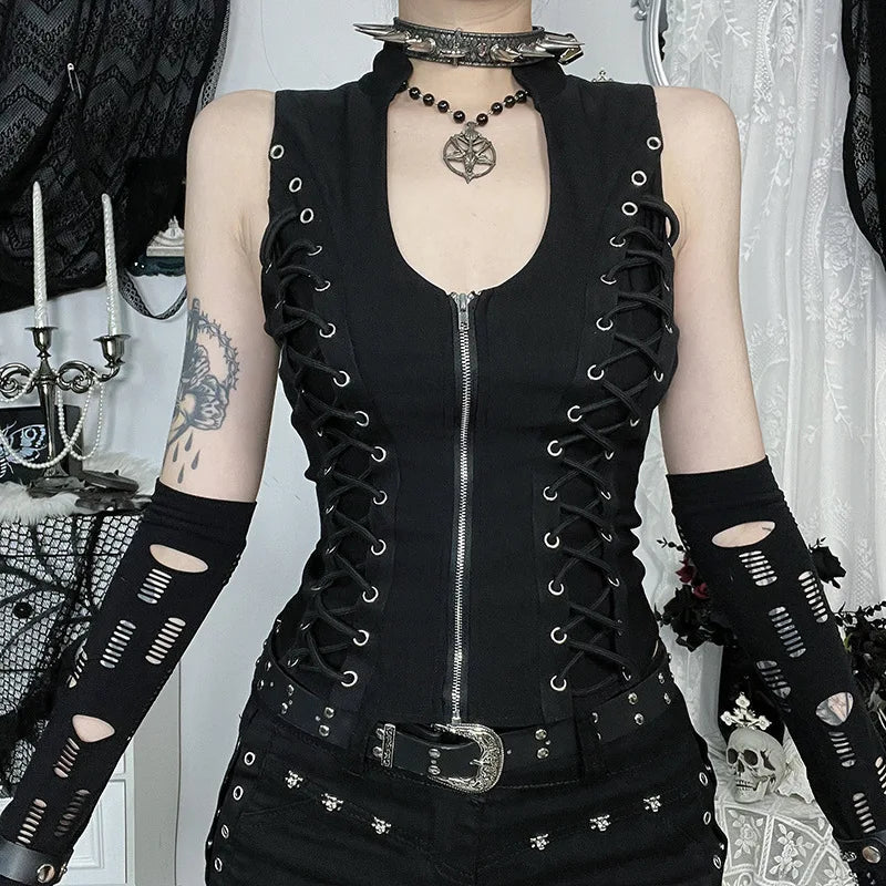Y2K Goth Lace Up Zip Top with lace trim, Y2K corset styled with low rise bottoms