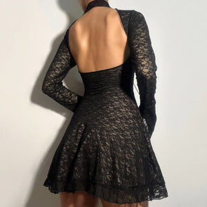 Y2K Goth Sheer Lace Mini Dress view 2 | MAUVSTUDIO®