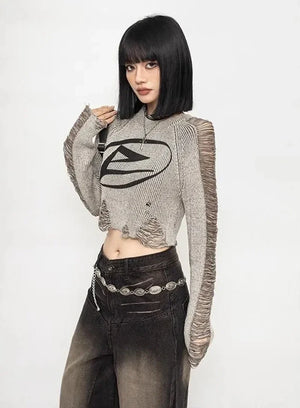 Y2K Grunge Distressed Crop Sweater