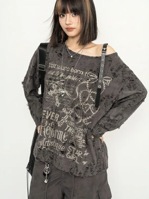 Y2K Grunge Distressed Top with printed graphic, Y2K long sleeve top styled with low rise bottoms