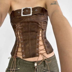 Y2K Grunge Faux Leather Corset Top with lace trim, Y2K corset styled with low rise bottoms