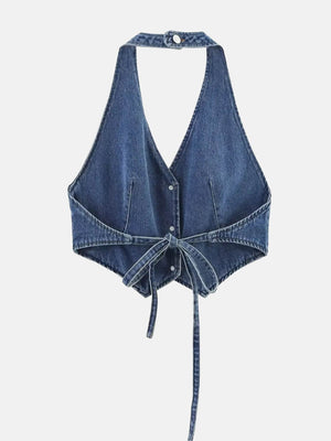 Y2K Halter Denim Top with tie detail, Y2K halter top styled with low rise bottoms