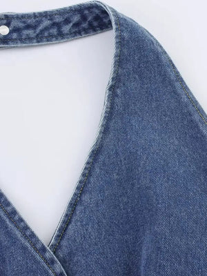 Y2K Halter Denim Top with tie detail, Y2K halter top styled with low rise bottoms