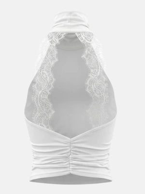 Y2K Lace Back Halter Top with lace trim, Y2K halter top styled with low rise bottoms