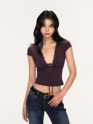 Y2K Lace Crop Top with lace trim, Y2K crop top styled with low rise bottoms