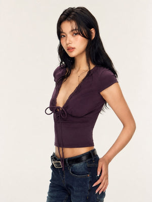 Y2K Lace Crop Top with lace trim, Y2K crop top styled with low rise bottoms