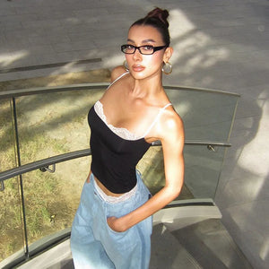 Y2K Lace Detail Cami Top with lace trim, Y2K tube top styled with low rise bottoms