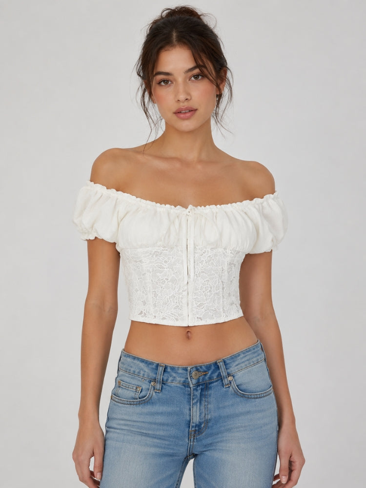 Y2K Lace Milkmaid Crop Top with lace trim, Y2K crop top styled with low rise bottoms