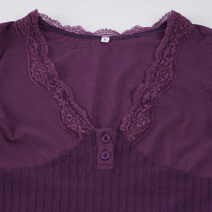 Y2K Lace Trim Henley Top with lace trim, Y2K long sleeve top styled with low rise bottoms