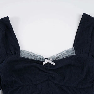 Y2K Lace Trim Knit Top with lace trim, Y2K long sleeve top styled with low rise bottoms