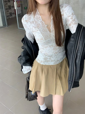 Y2K Lace V Neck Top with lace trim, Y2K long sleeve top styled with low rise bottoms