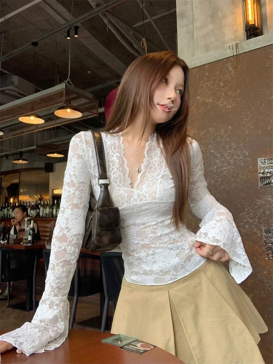 Y2K Lace V Neck Top with lace trim, Y2K long sleeve top styled with low rise bottoms