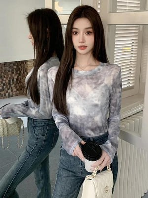 Y2K Mesh Cloud Top with sheer mesh, Y2K long sleeve top styled with low rise bottoms
