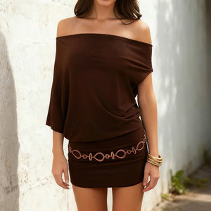 Y2K Off Shoulder Ruched Mini Dress view 2 | MAUVSTUDIO®