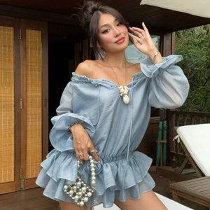 Y2K Off Shoulder Ruffled Mini Dress view 2 | MAUVSTUDIO®