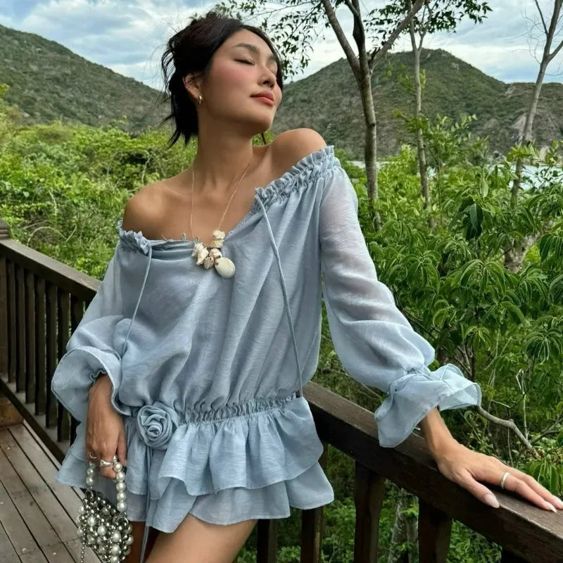 Y2K Off Shoulder Ruffled Mini Dress view 8 | MAUVSTUDIO®