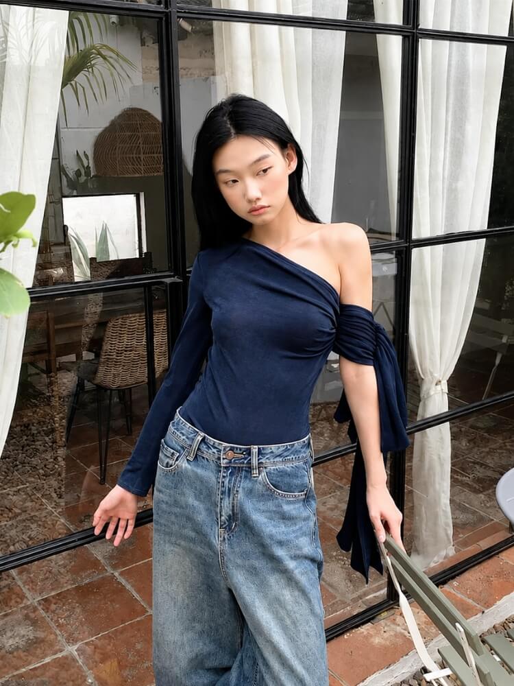 Y2K One Sleeve Draped Blouse with gathered bust, Y2K long sleeve top styled with low rise bottoms