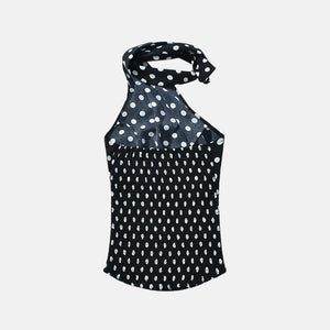 Y2K Polka Dot Scarf Halter Top with open back, Y2K halter top styled with low rise bottoms