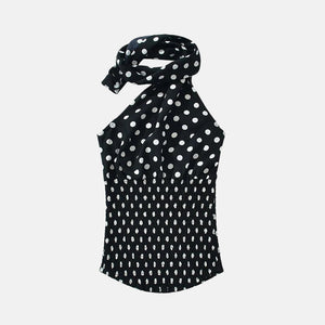 Y2K Polka Dot Scarf Halter Top with open back, Y2K halter top styled with low rise bottoms