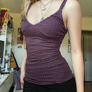 Y2K Purple Polka Dot Top with lace trim, Y2K tube top styled with low rise bottoms