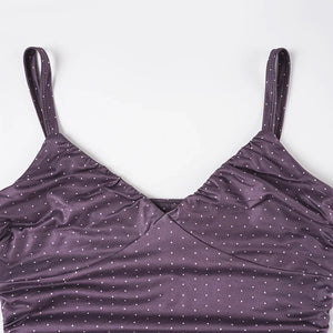 Y2K Purple Polka Dot Top with lace trim, Y2K tube top styled with low rise bottoms