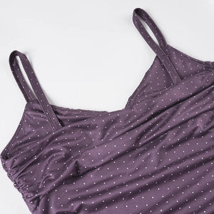 Y2K Purple Polka Dot Top with lace trim, Y2K tube top styled with low rise bottoms