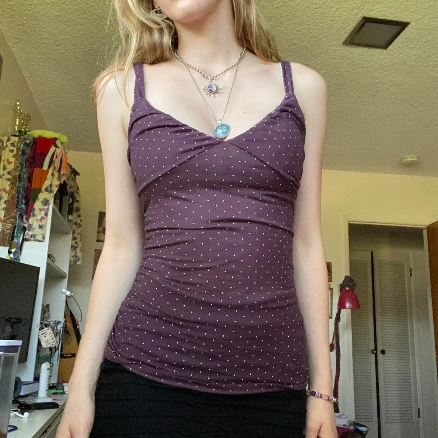 Y2K Purple Polka Dot Top with lace trim, Y2K tube top styled with low rise bottoms