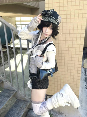 Cardigan Y2K Grunge Strass Superposé