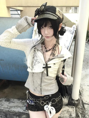 Cardigan Y2K Grunge Strass Superposé